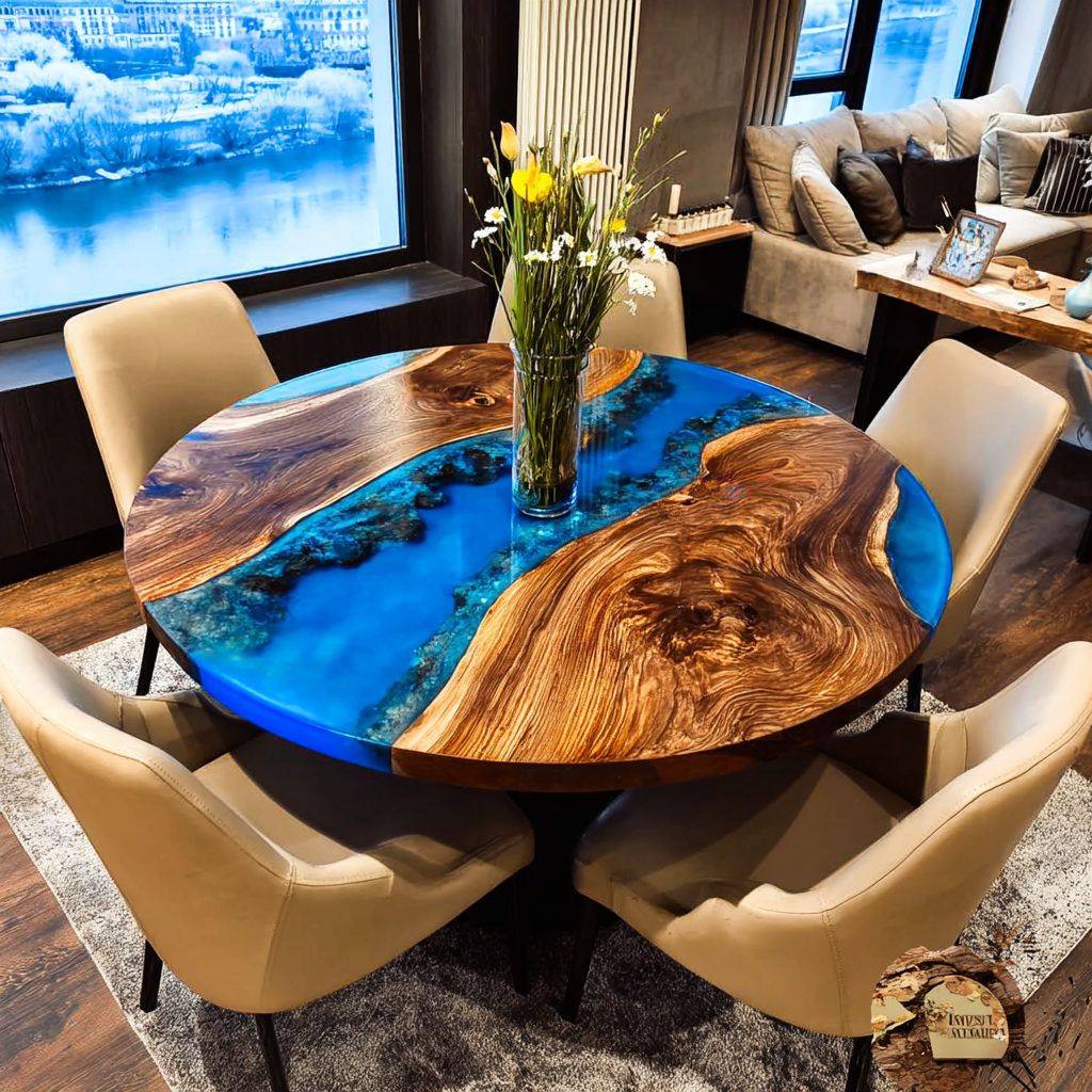 Round Walnut Blue Resin Epoxy Table