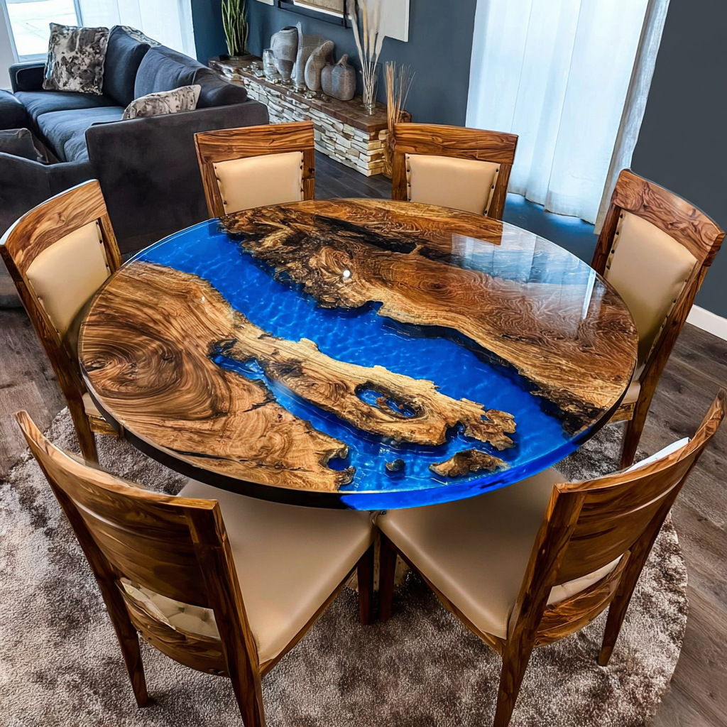 Custom Round Walnut Blue Resin Epoxy Table