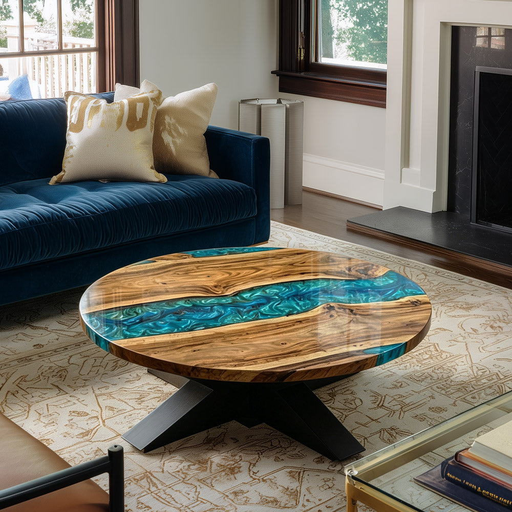 Black Walnut Round Peacock Blue Epoxy Table URT48