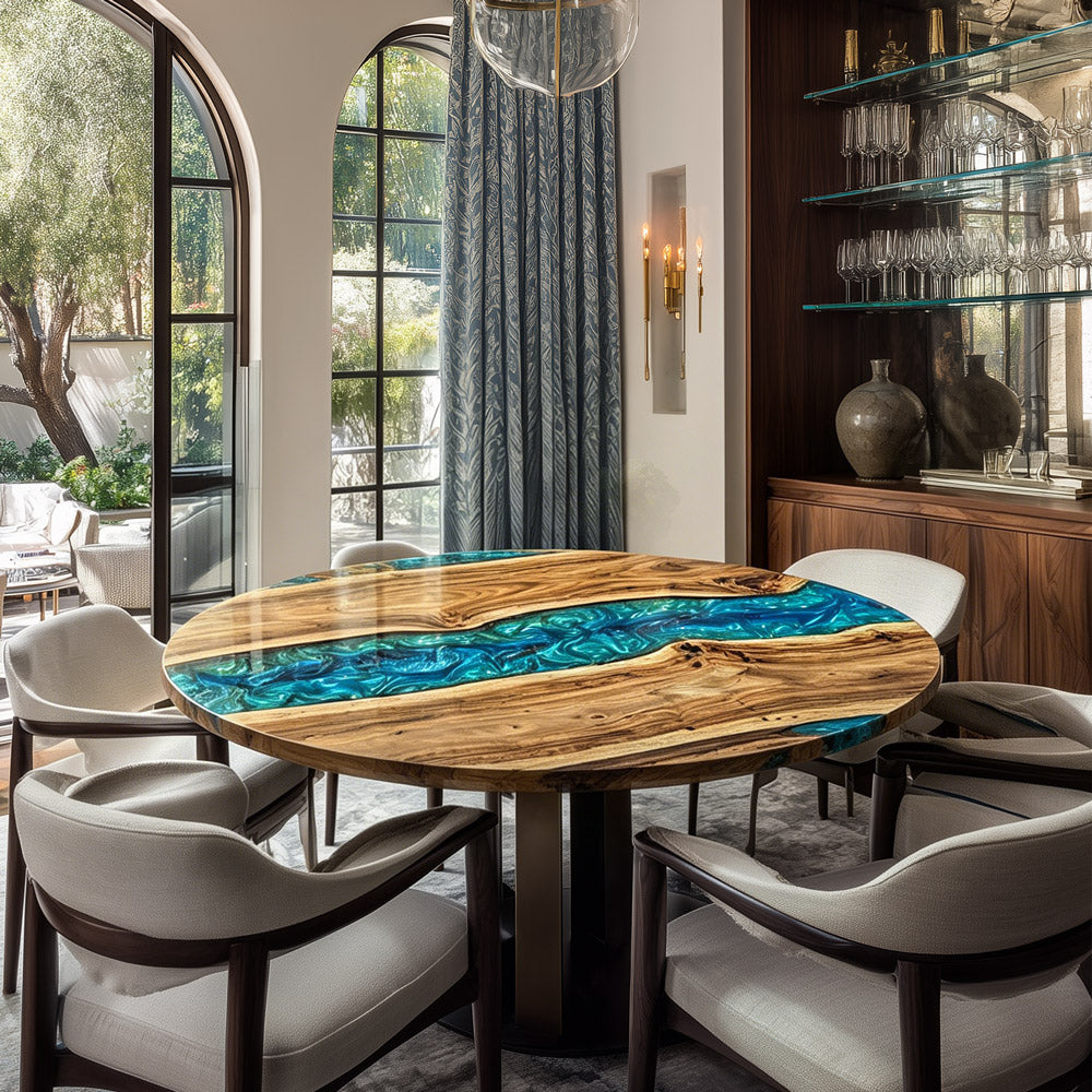 Round Peacock Blue Epoxy Table URT48