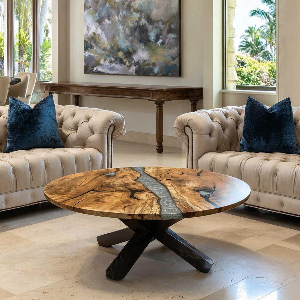 Olive Silver River Round Epoxy Table URT41