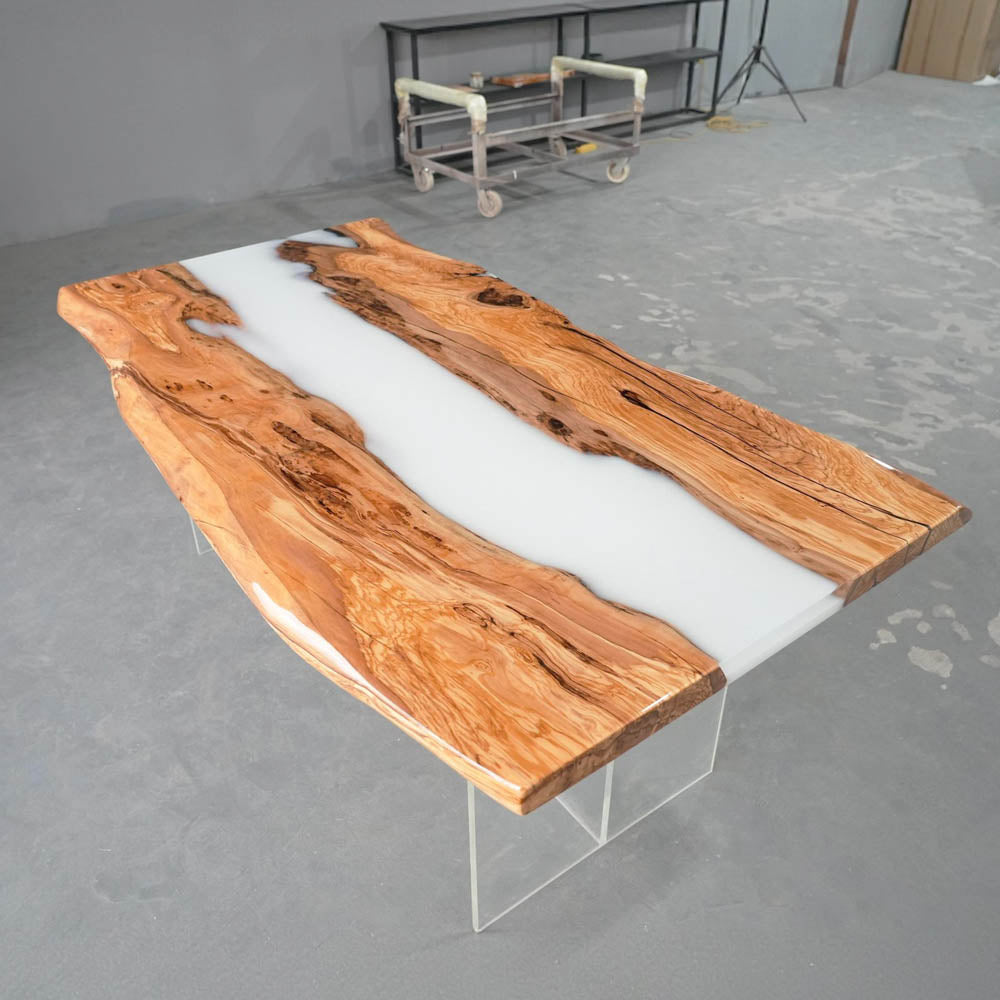 UTT Custom Olive Wood Milk White River Epoxy Table