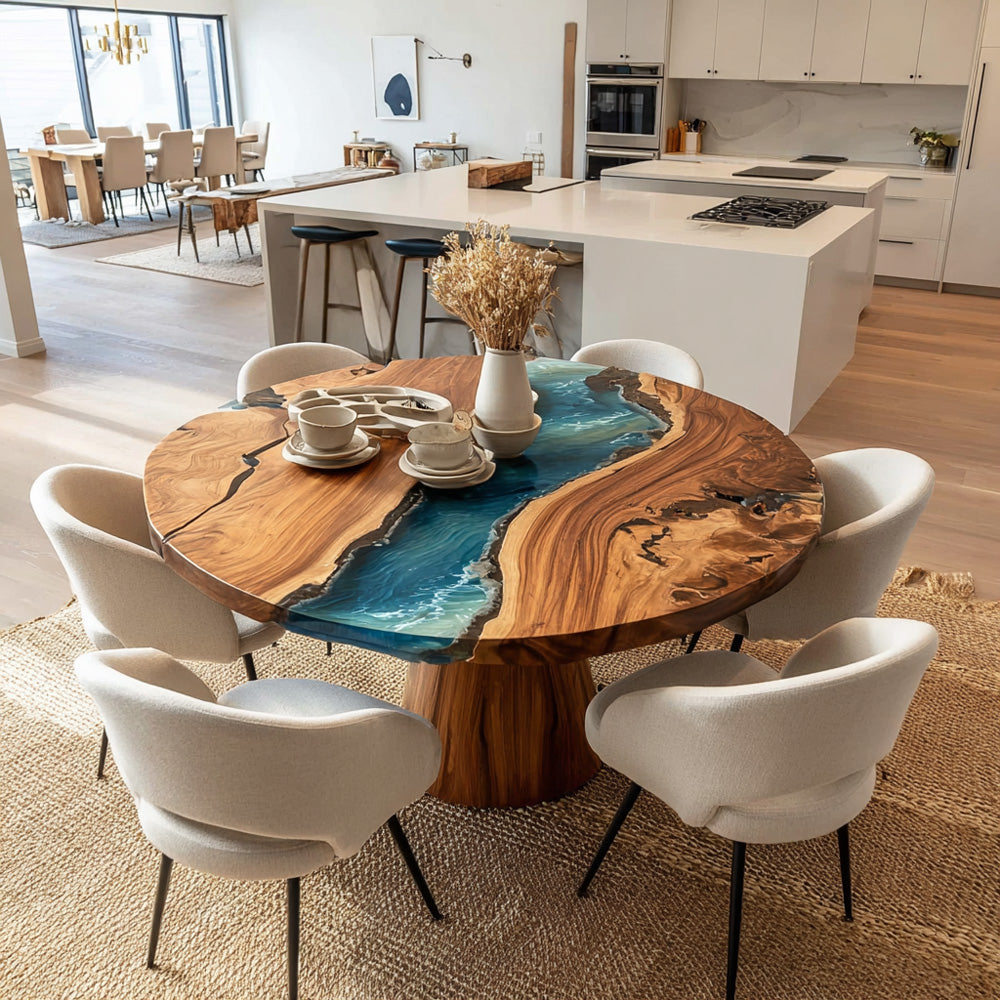 Walnut Ocean Wave Round Epoxy Table 