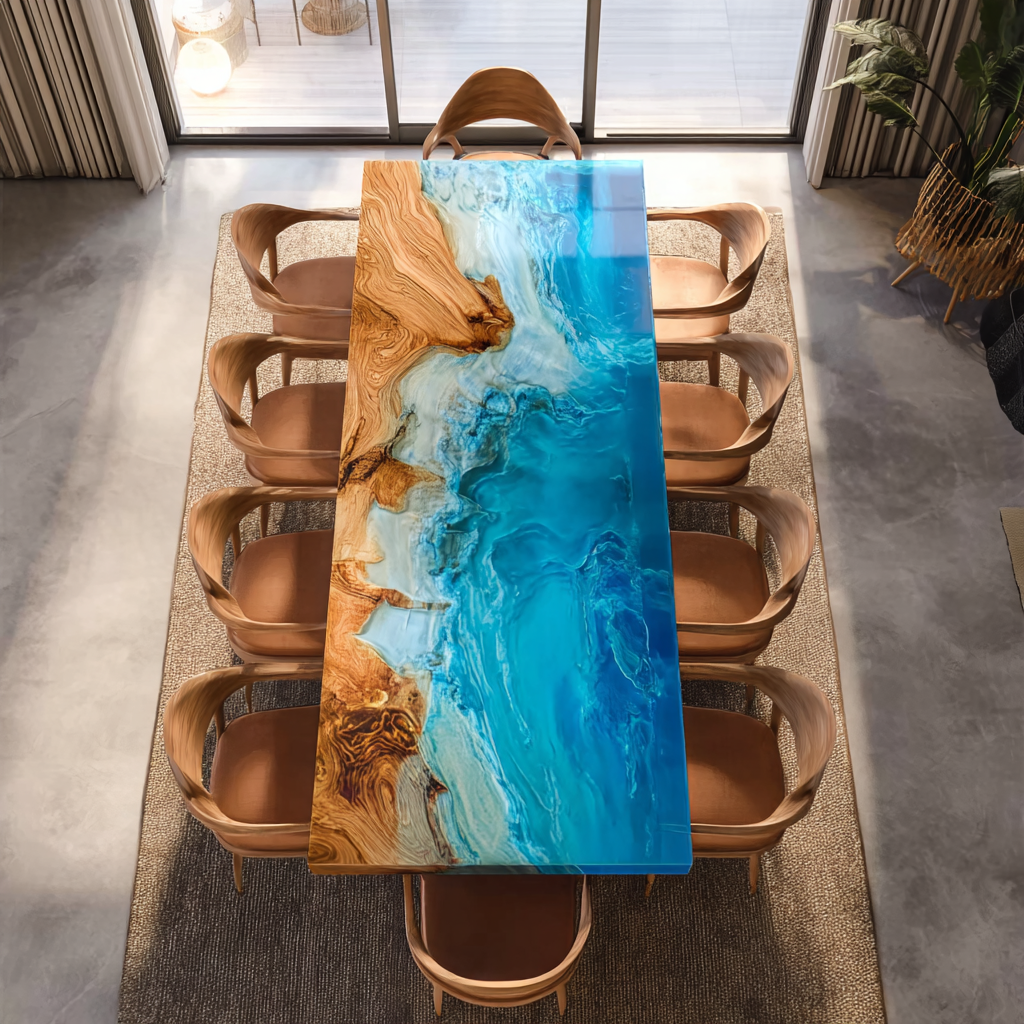 Usatabletops Wood Blue Ocean Seawave Dining Resin Epoxy Table
