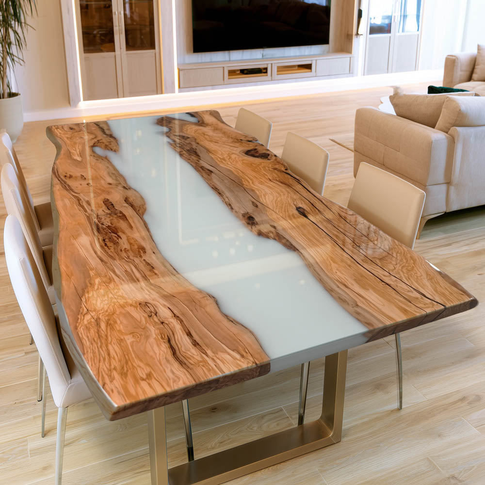 Olive Wood Milk White River Epoxy Tabletop UTT80