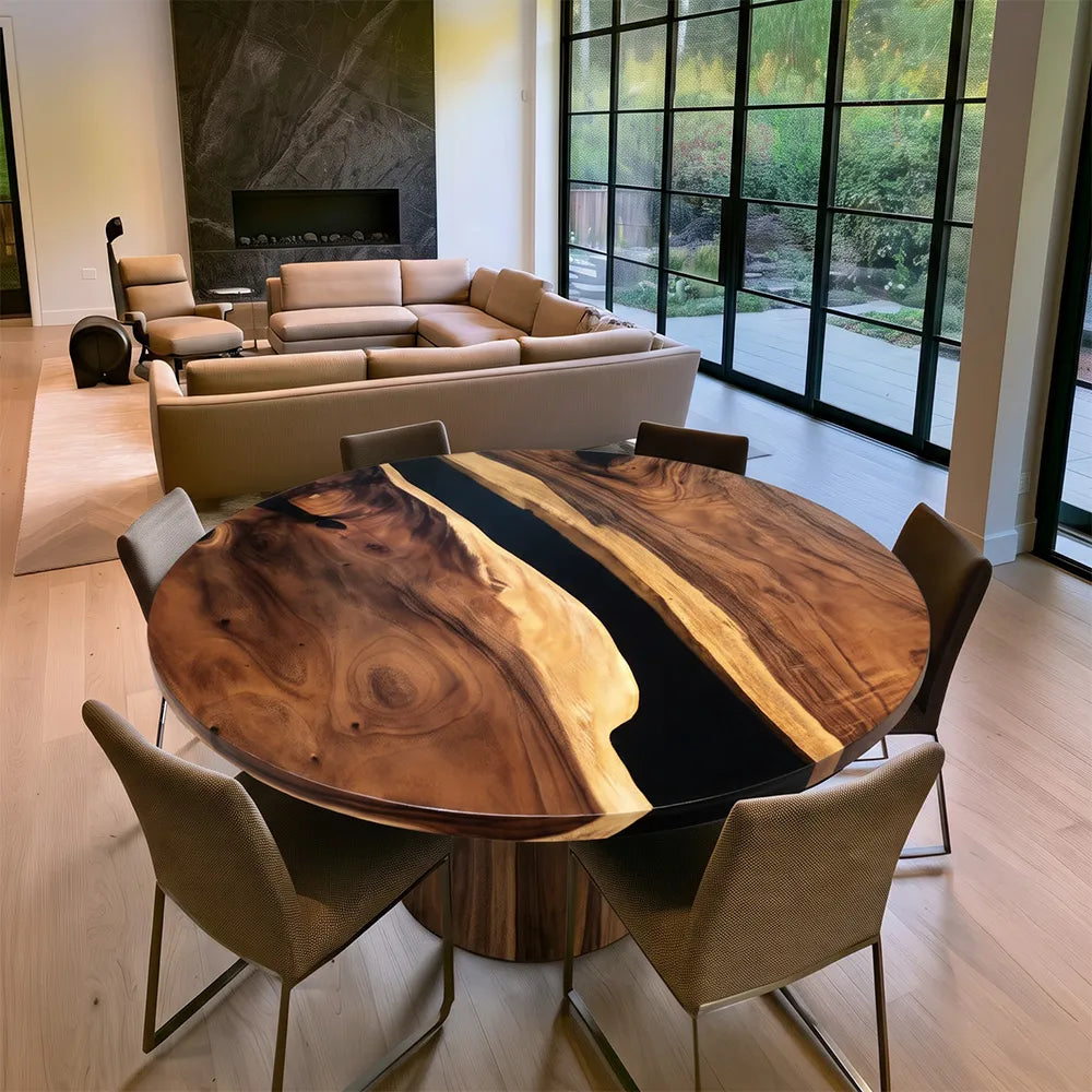 Custom Round Walnut Black River Resin Epoxy tables