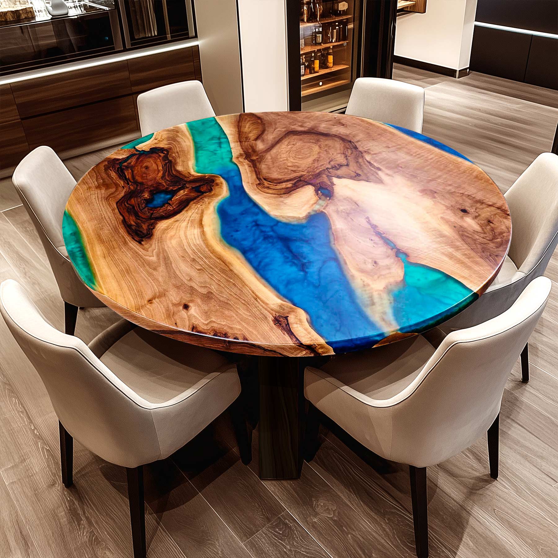 Usatabletops Custom Round Walnut Blue Green Epoxy Resin Table 
