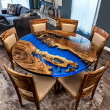 Custom Round Walnut Blue Resin Epoxy Table 