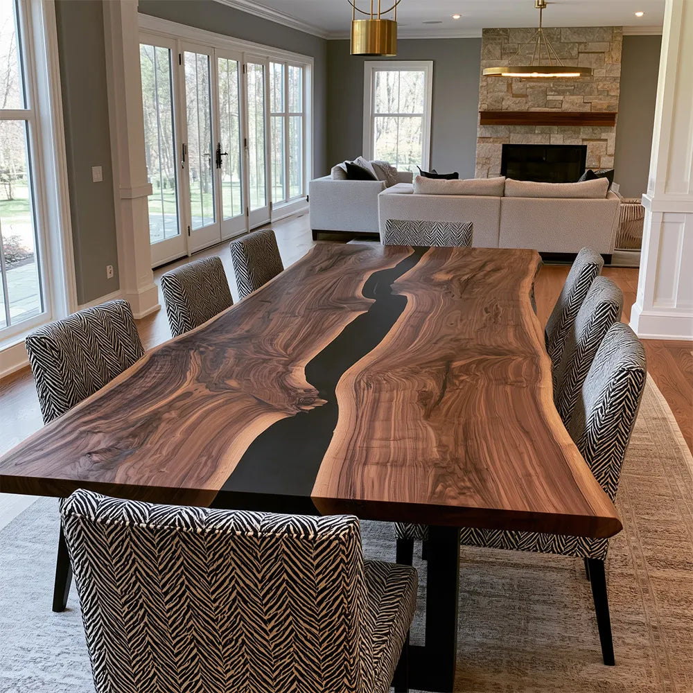 UTT Custom Solid Live Edge Black Walnut Black River Epoxy Table 