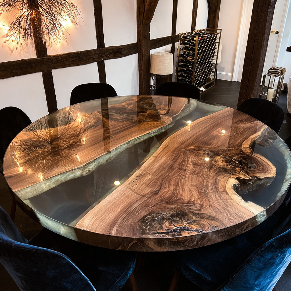 UTT Custom Black Walnut Black Translucent Round Epoxy Table 