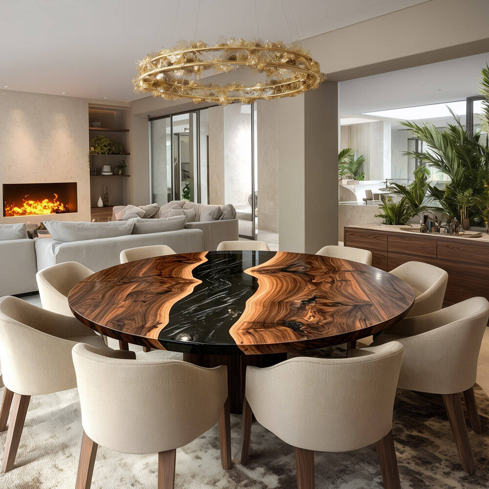 Black Walnut River Round Dining Epoxy Table URT50