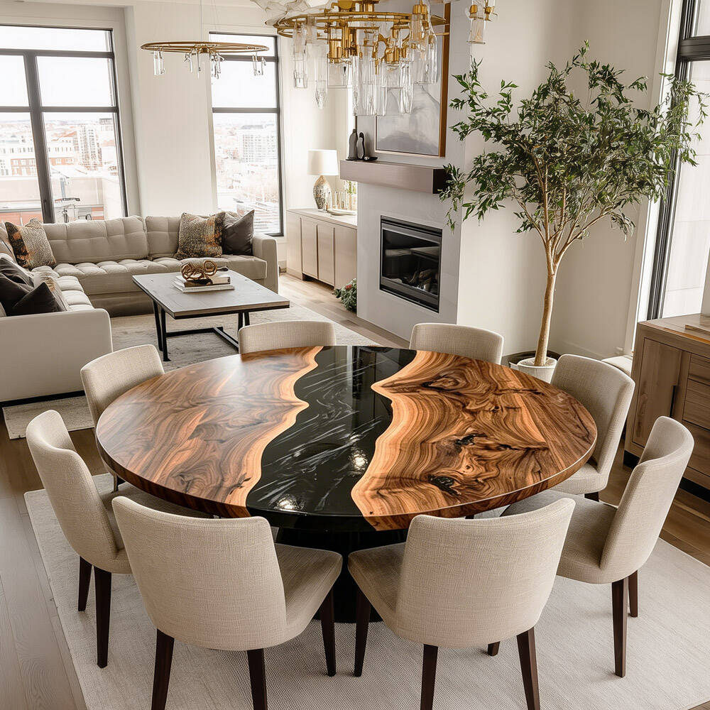 Black Walnut Black With White Accents River Round Dining Epoxy Table URT50