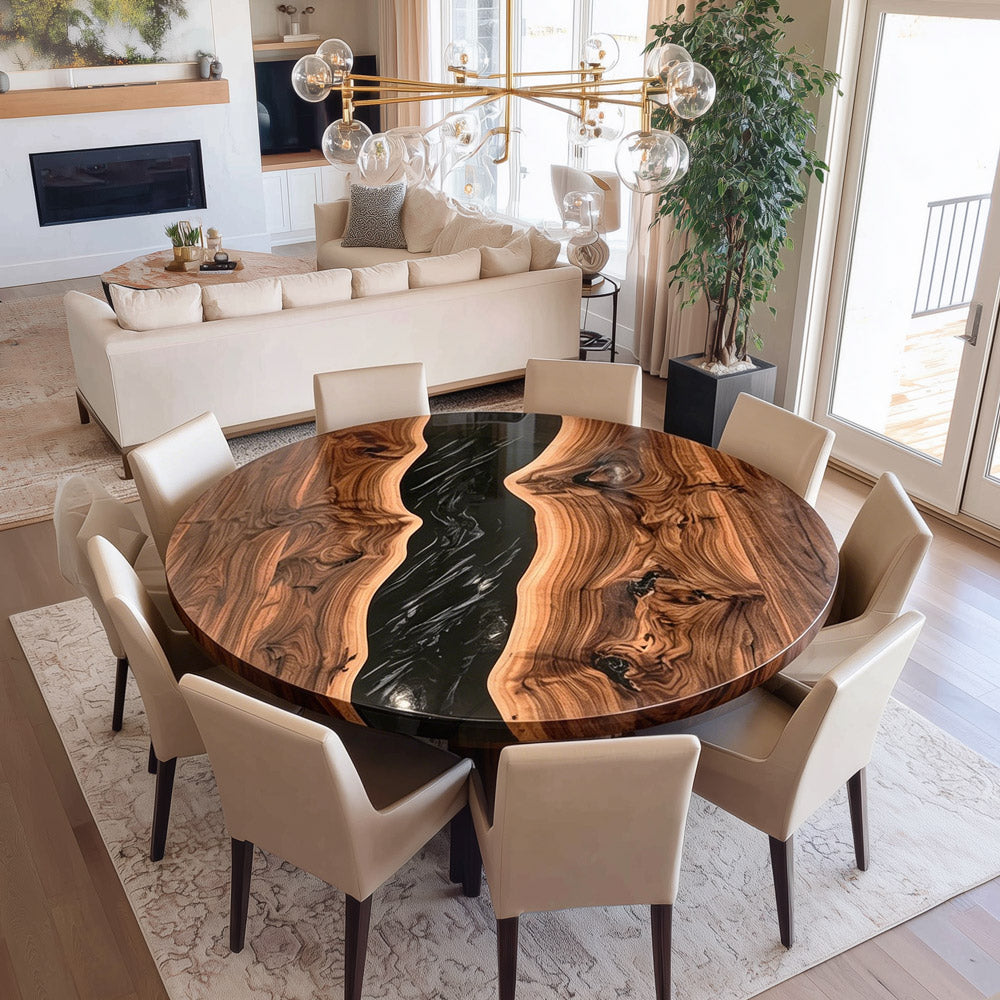 UTT Custom Black Walnut Black With White Accents River Round Dining Epoxy Table 