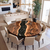 UTT Custom Black Walnut Black With White Accents River Round Dining Epoxy Table 