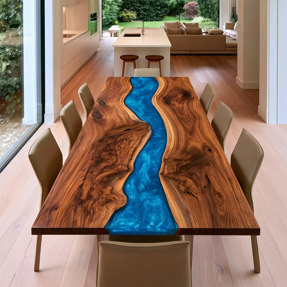 Custom Black Walnut Blue River Live Edge Epoxy Table UTT108