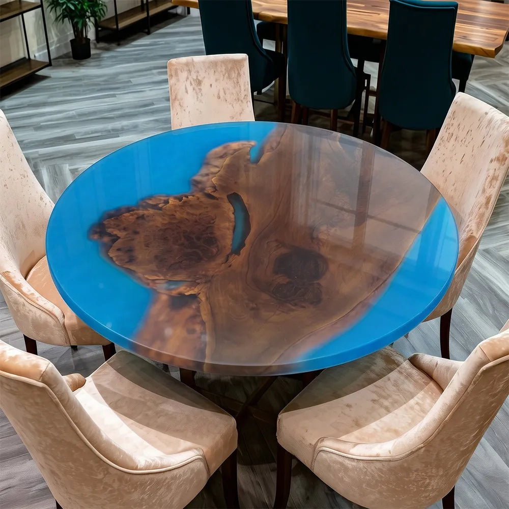 UTT Custom Black Walnut Blue Round Resin Epoxy Table