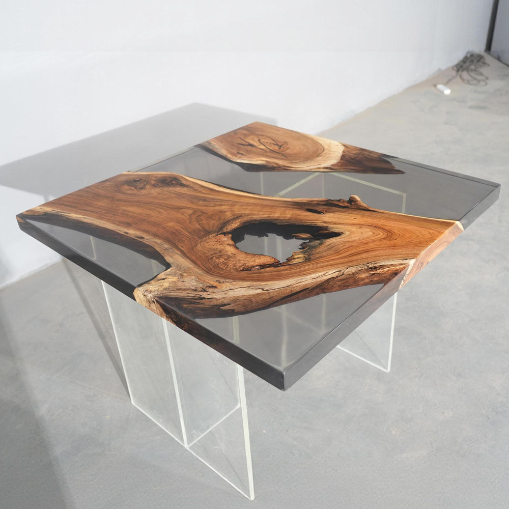 Black Walnut Gray Transparent Resin Square Epoxy Tabletop 