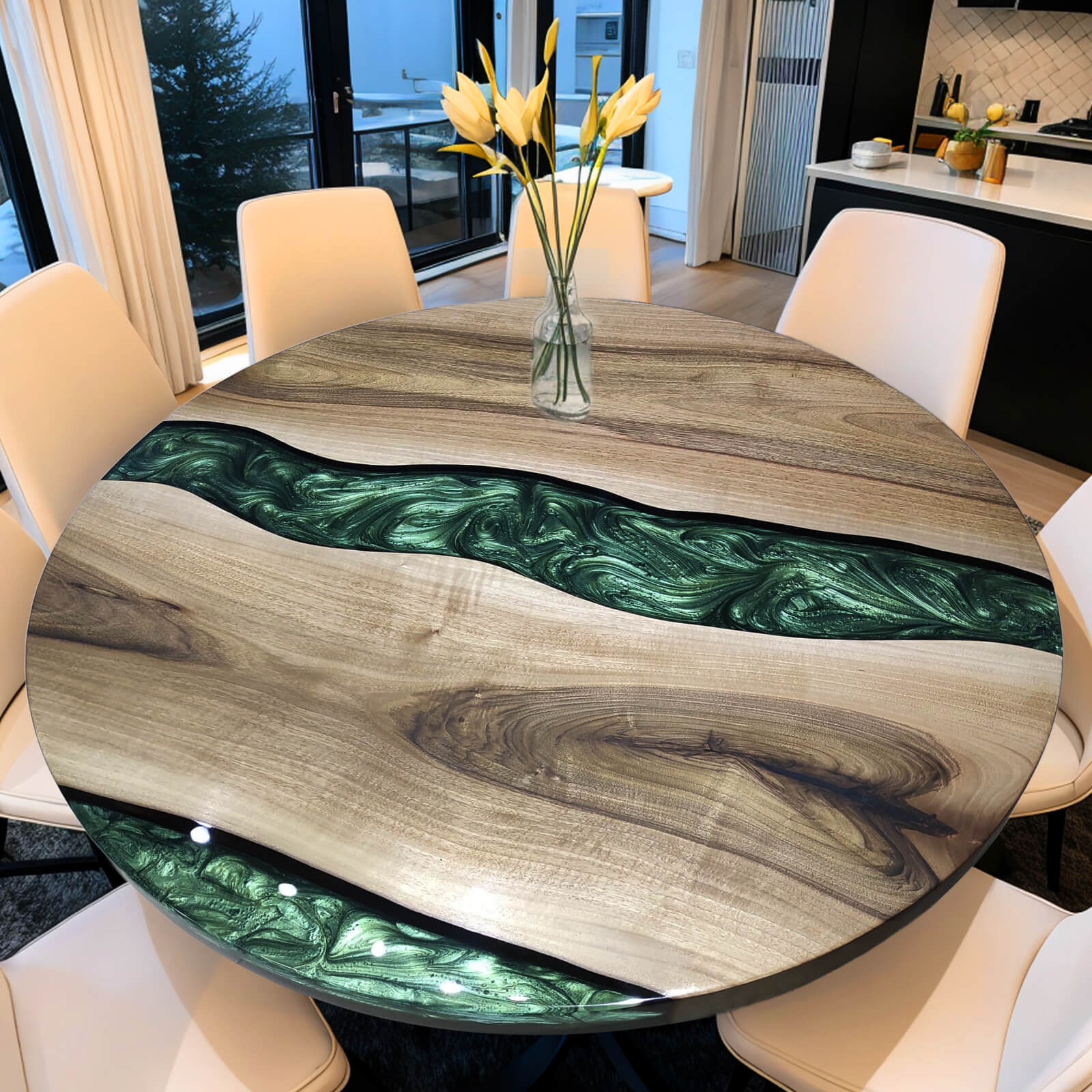 UTT Custom Black Walnut Green River Resin Round Epoxy Table in Bozeman