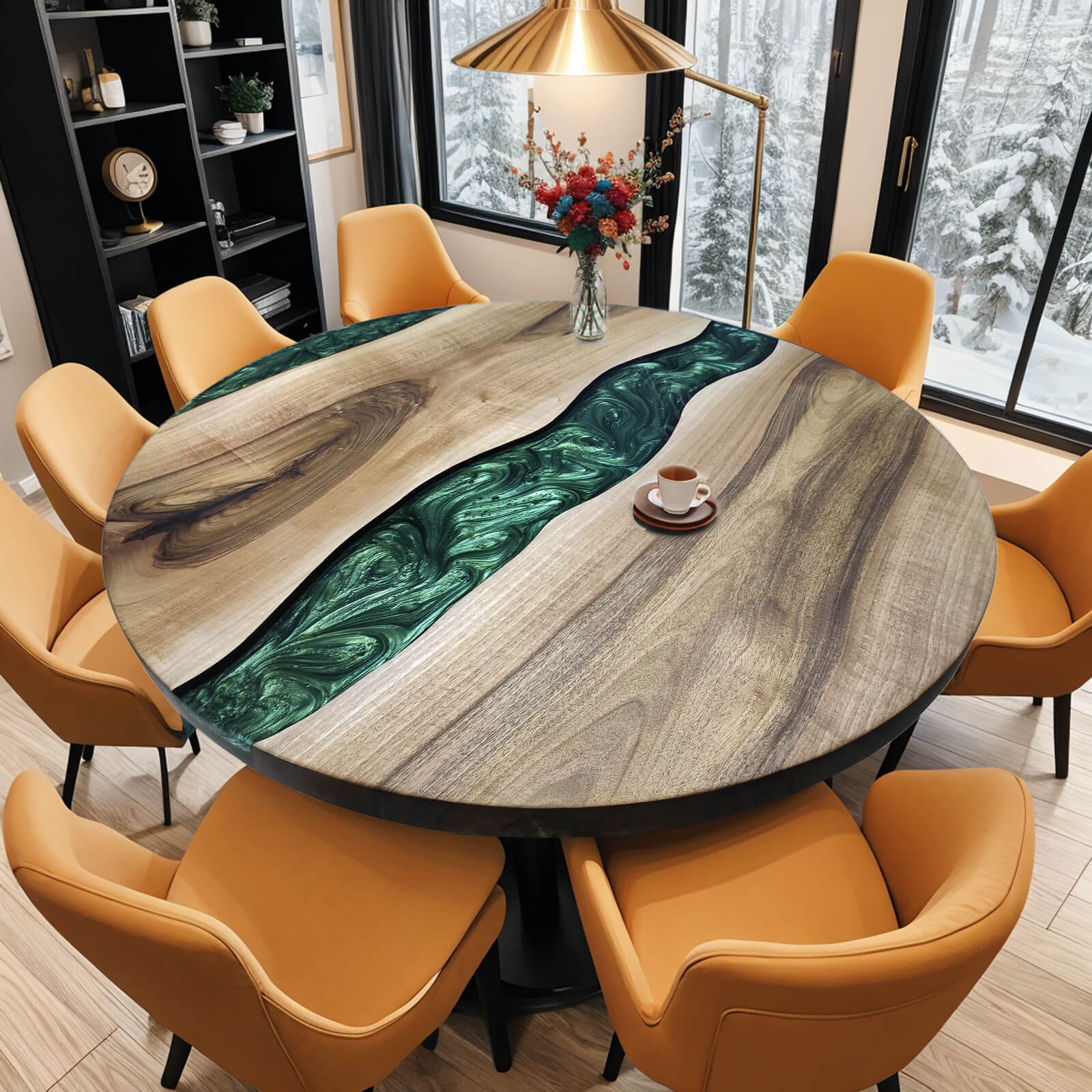 Custom Black Walnut Green River Resin Round Epoxy Table in Bozeman