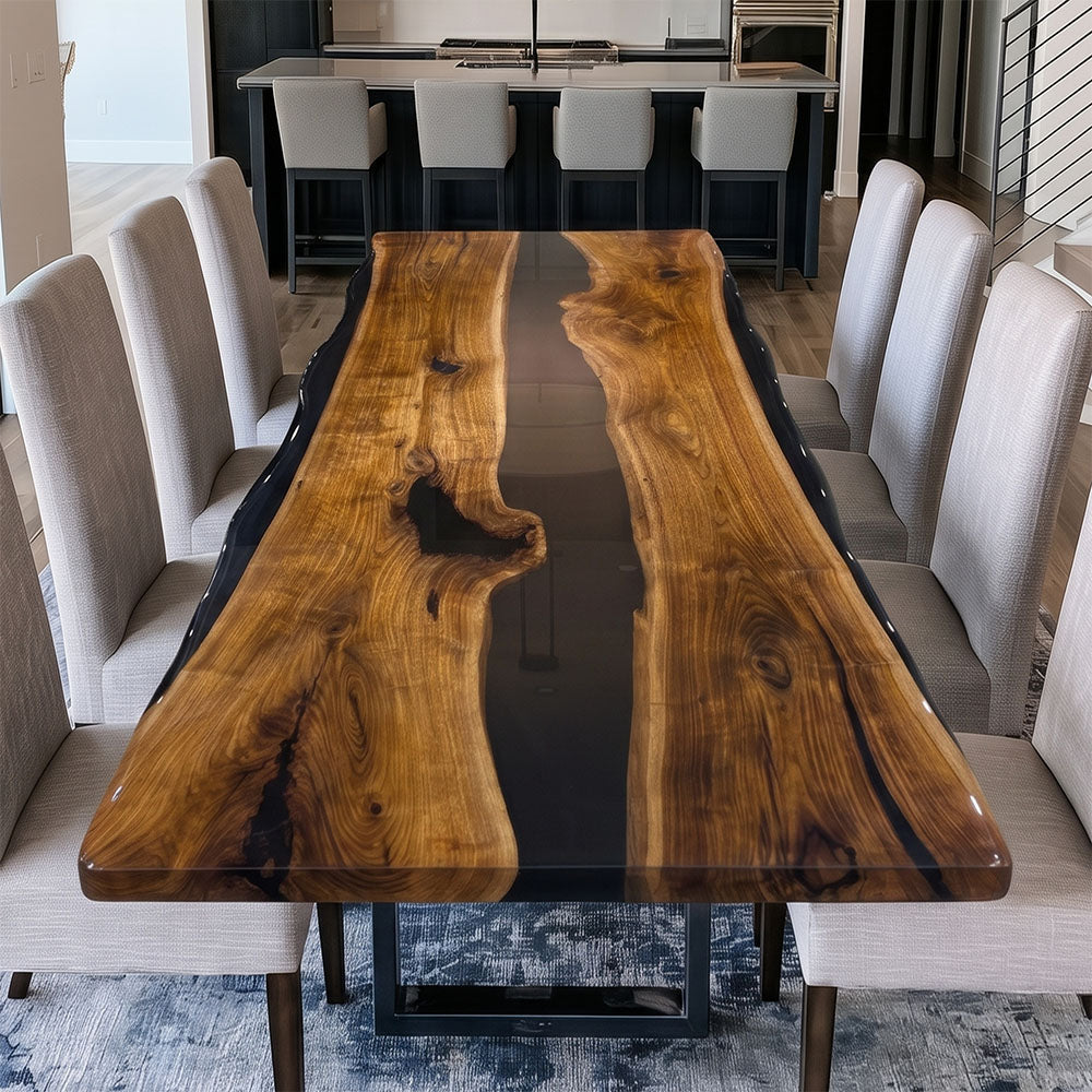 UTT Custom Black Walnut Live Edge Black River Epoxy Table