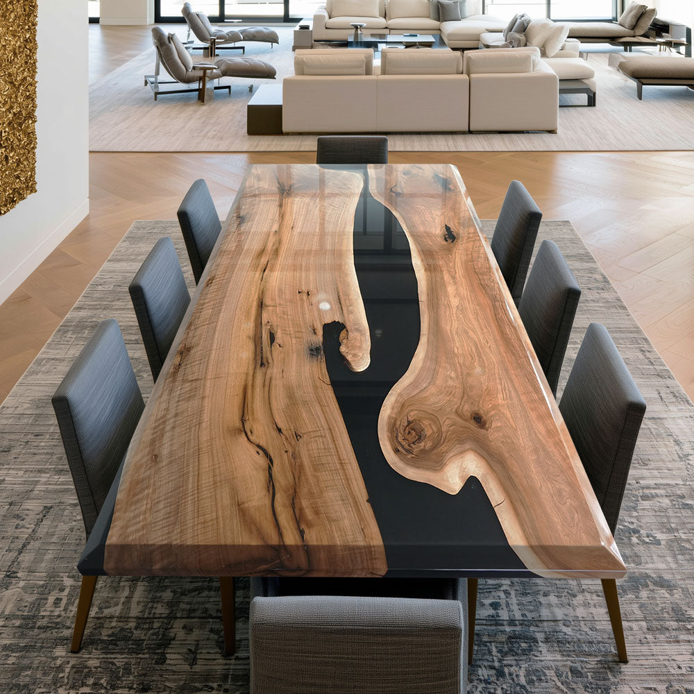 Custom Black Walnut Opaque Black River Epoxy Table UTT85