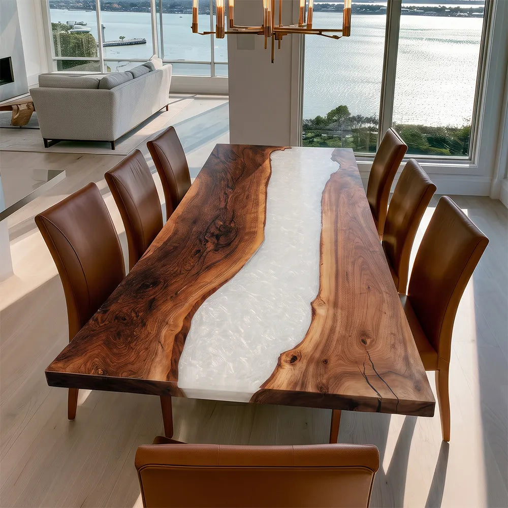 UTT Custom Black Walnut Pearlwhite River Epoxy Table
