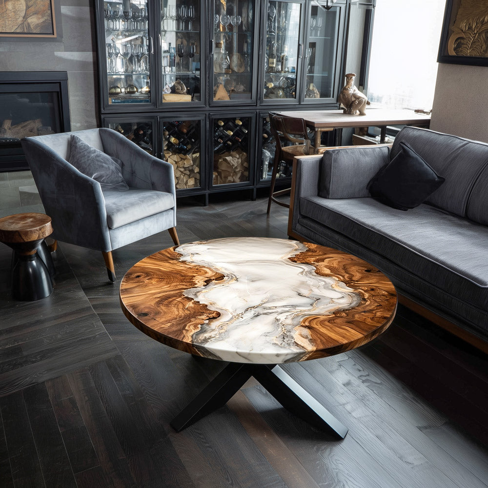 Black Walnut Round White, Gilded, and Grey Epoxy Table