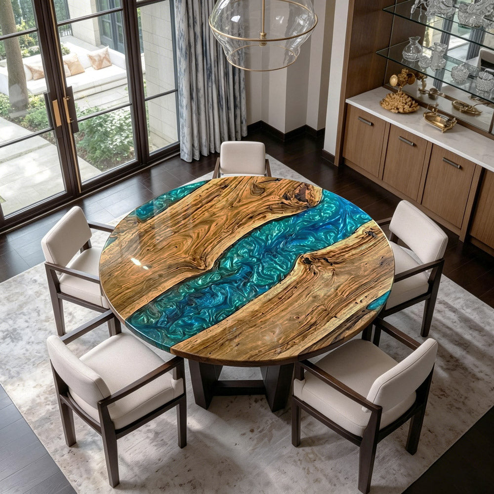 UTT Custom Black Walnut Round Peacock Blue Epoxy Table
