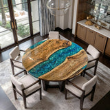 UTT Custom Black Walnut Round Peacock Blue Epoxy Table