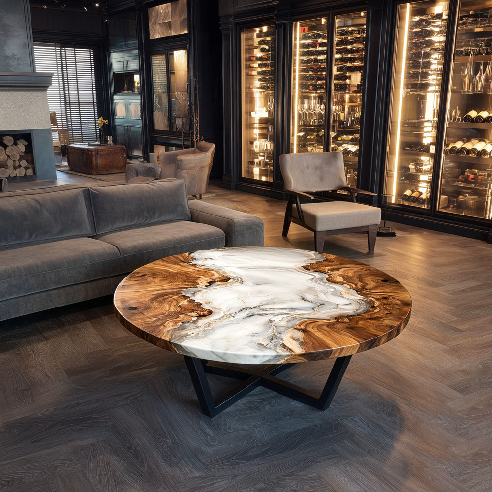 Black Walnut Round White, Gilded, and Grey Epoxy Table