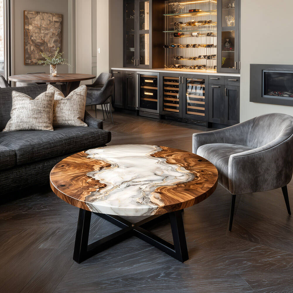 UTT Custom Black Walnut Round White, Gilded, and Grey Epoxy Table