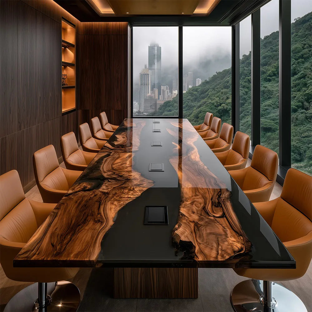 Double Black Walnut Slabs Black Conference Epoxy Table-Full Matt CCT11