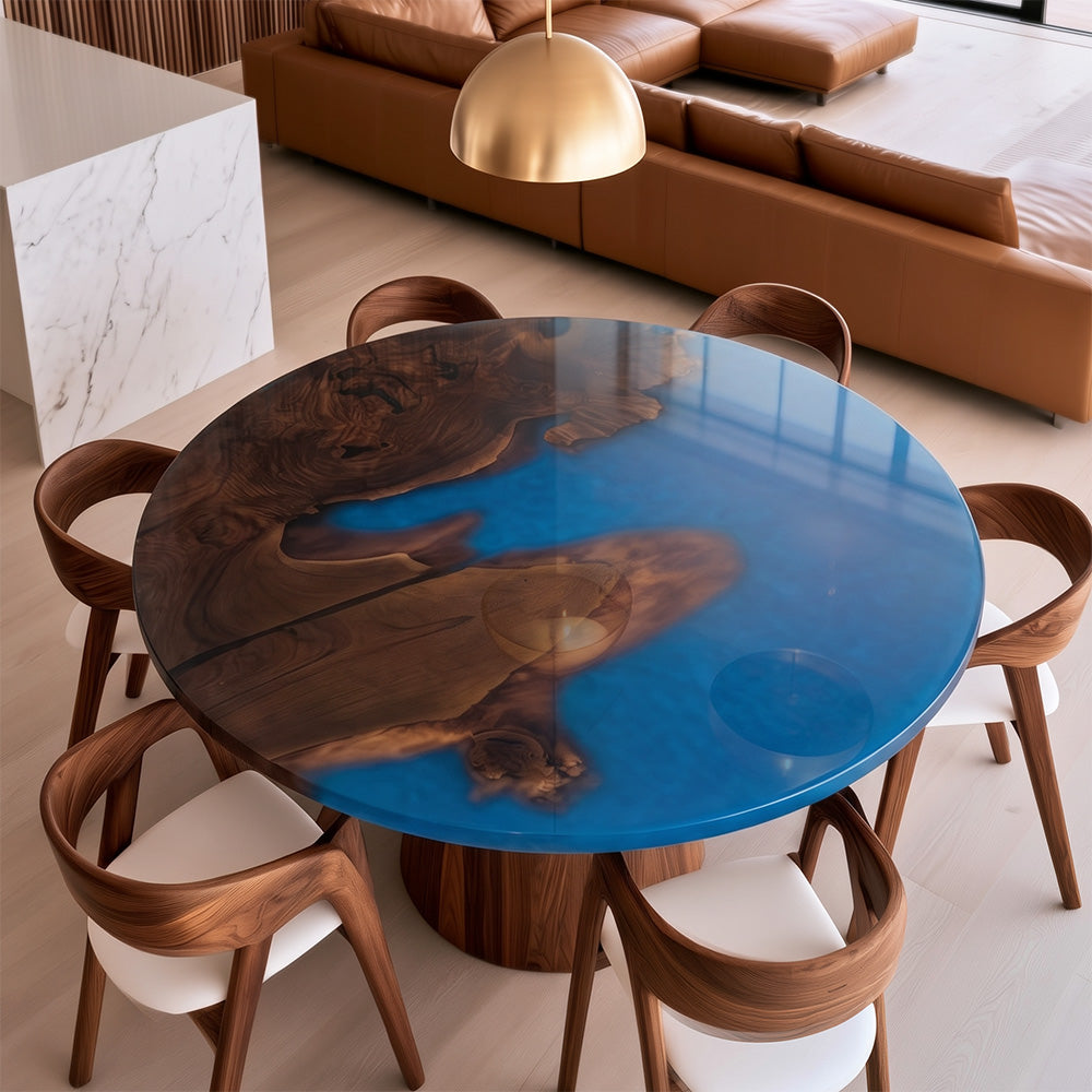 Custom Darken Black Walnut Blue Round Resin Epoxy Table URT60