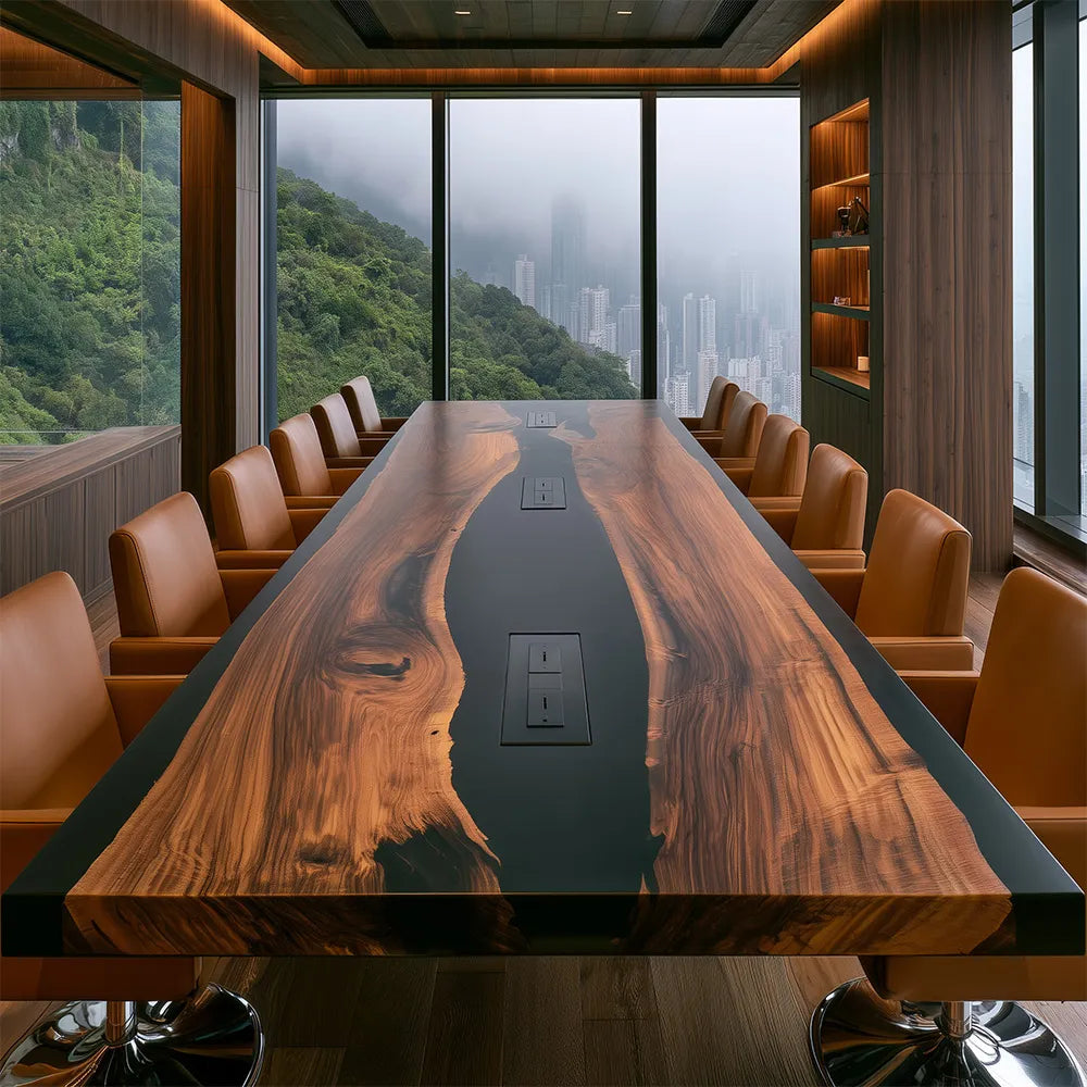 Double Solid Black Walnut Slabs Black Conference Epoxy Table-Full Matt CCT11