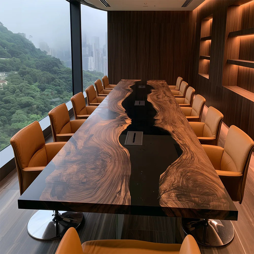 UTT Custom Double Solid Black Walnut Slabs Black Conference Epoxy Table-Full Matt