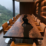 UTT Custom Double Solid Black Walnut Slabs Black Conference Epoxy Table-Full Matt