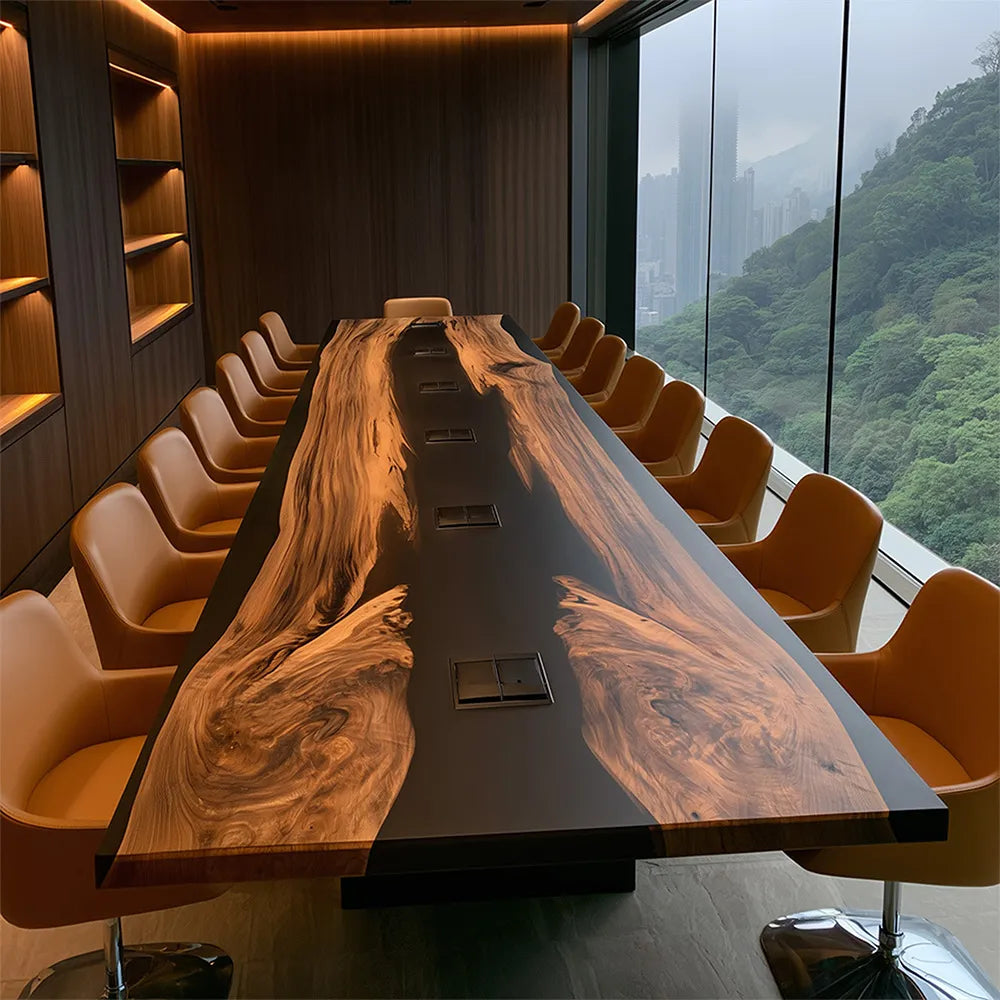 UTT Solid Black Walnut Slabs Black Conference Epoxy Table-Full Matt CCT11