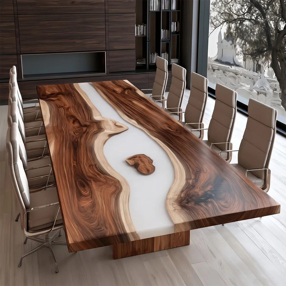 Large Scale Black Walnut Milk White River Epoxy Resin Conference Table - CCT17