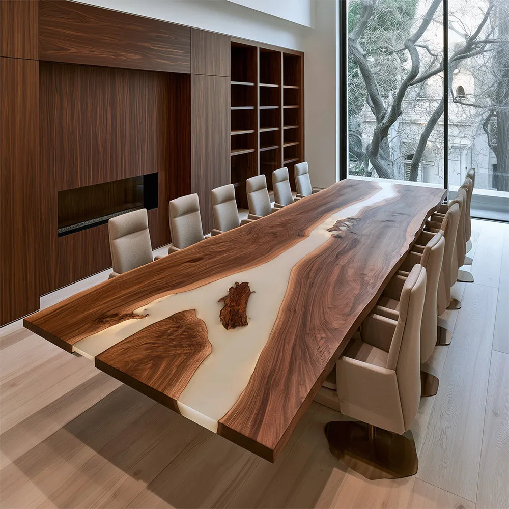 Custom Large Scale Black Walnut Milk White River Epoxy Resin Conference Table - CCT17
