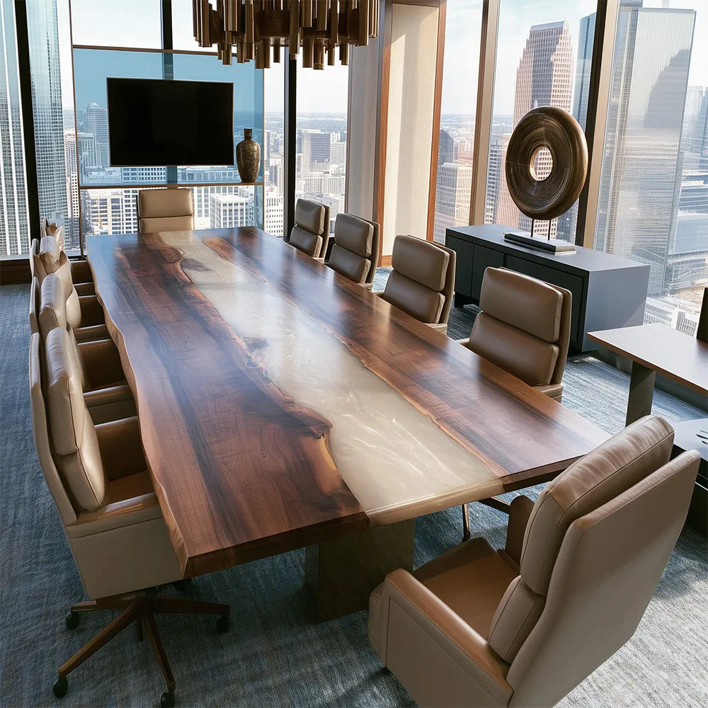 Custom Live-Edge Black Walnut Pearl White River Epoxy Conference Table | CCT13