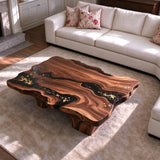 Custom Live Edge Black Walnut Black with Gold Leafs Accented with Epoxy Resin Coffee Table | URT67