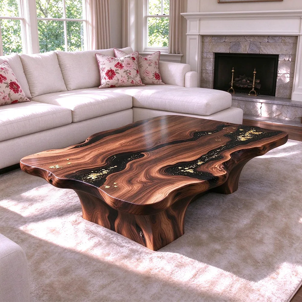 Black Walnut Black Accented with Gold Leafs Epoxy Resin Coffee Table | URT67