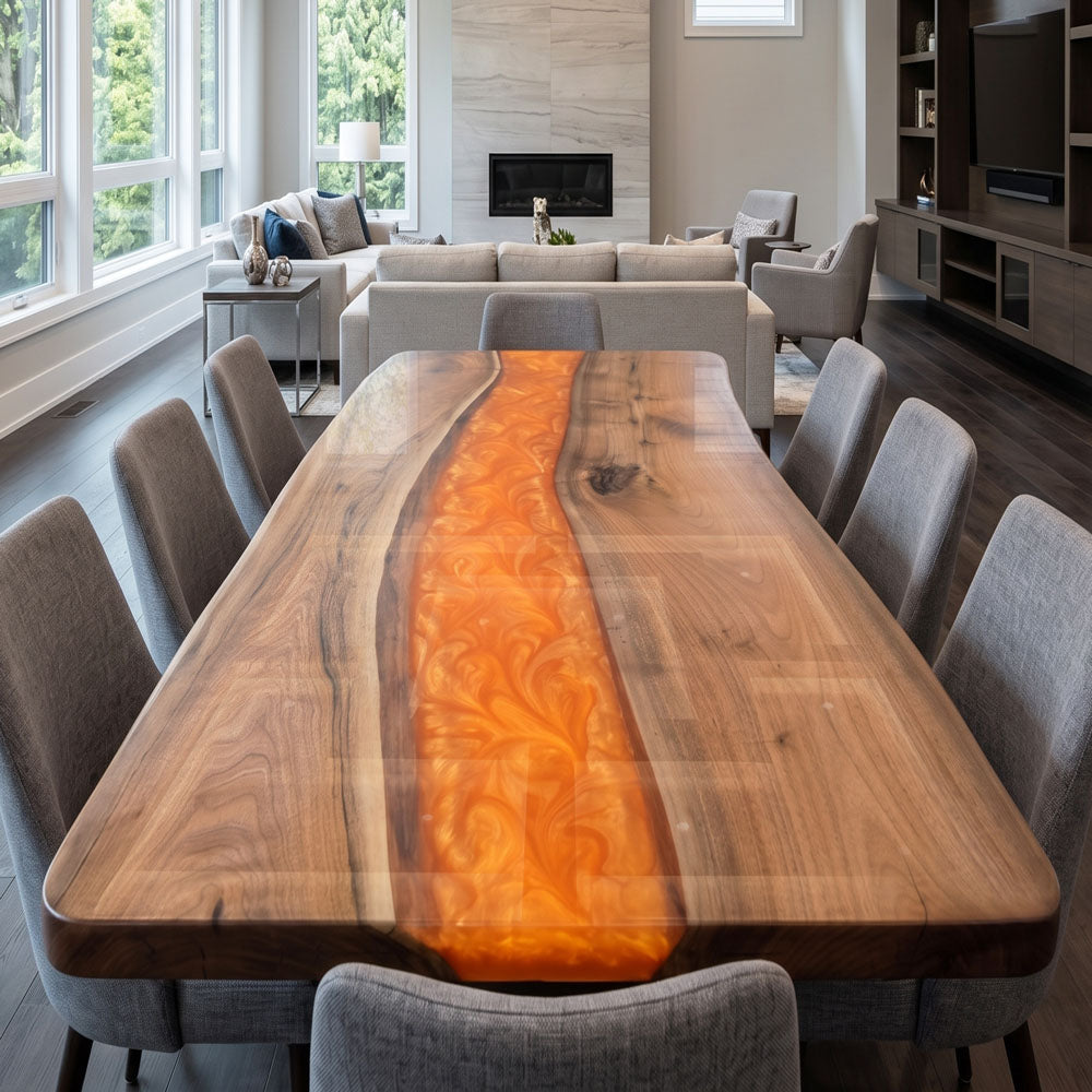 Custom Live Edge Black Walnut Orange River Epoxy Table 