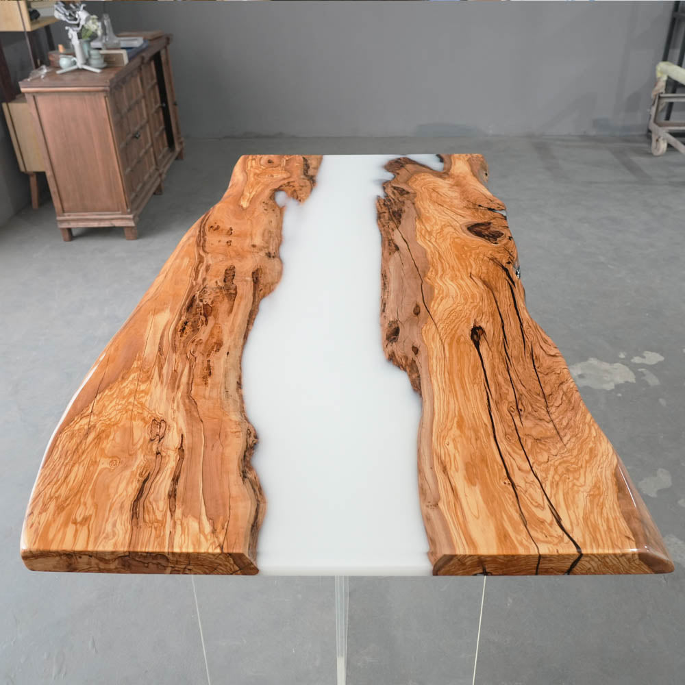Live Edge Olive Wood Milk White River Epoxy Table