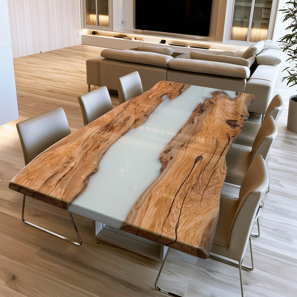 Custom Live Edge Olive Wood Milk White River Epoxy Tabletop