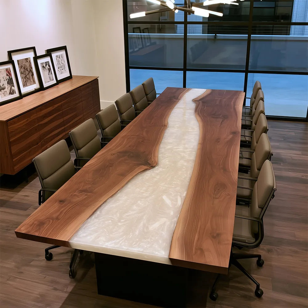 Custom Live Edge Solid Black Walnut Pearlwhite Epoxy Conference Table - CCT16