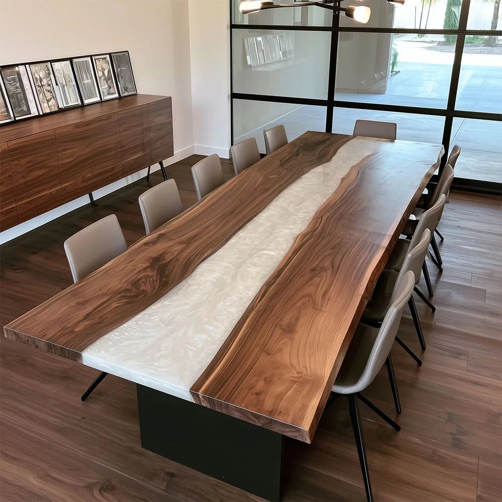 Live Edge Solid Black Walnut Pearlwhite Epoxy Conference Table - CCT16
