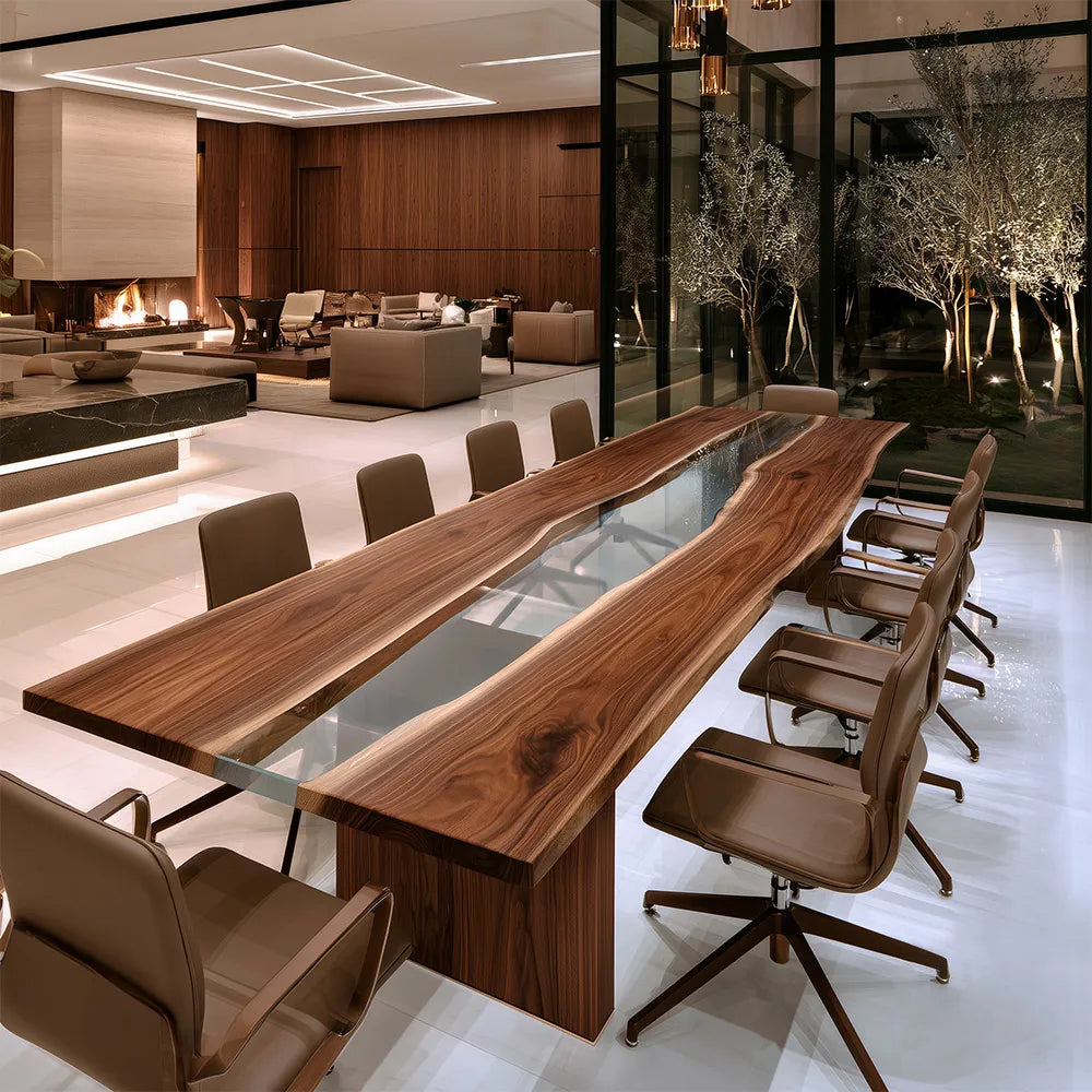 Custom Live Edge Walnut Clear River Epoxy Conference Table - CCT19