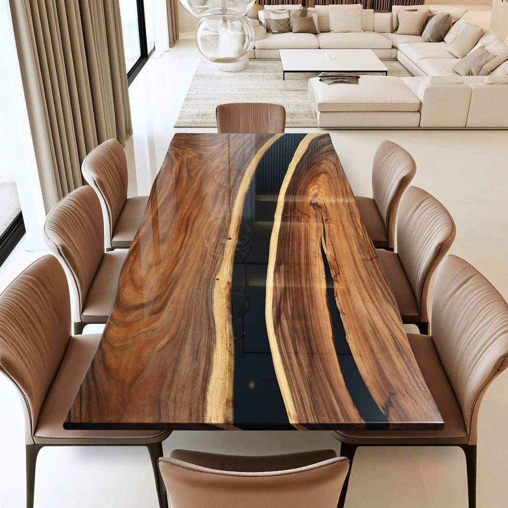 UTT Custom Live Edge Walnut Wood Black River Epoxy Table