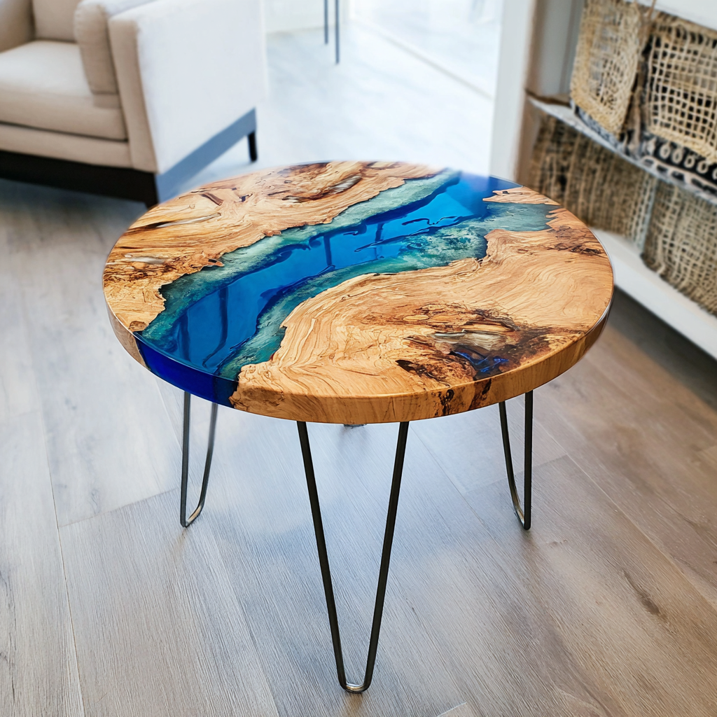 UTT Custom Olive Blue Clear Round Epoxy Table in California